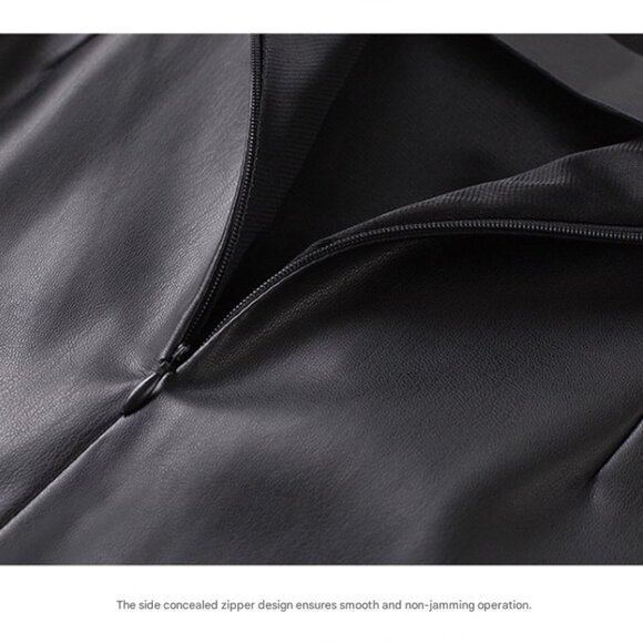 Burgundy Belted A-Line Slit Leather Skirt High Waist - Picture 4 of 8